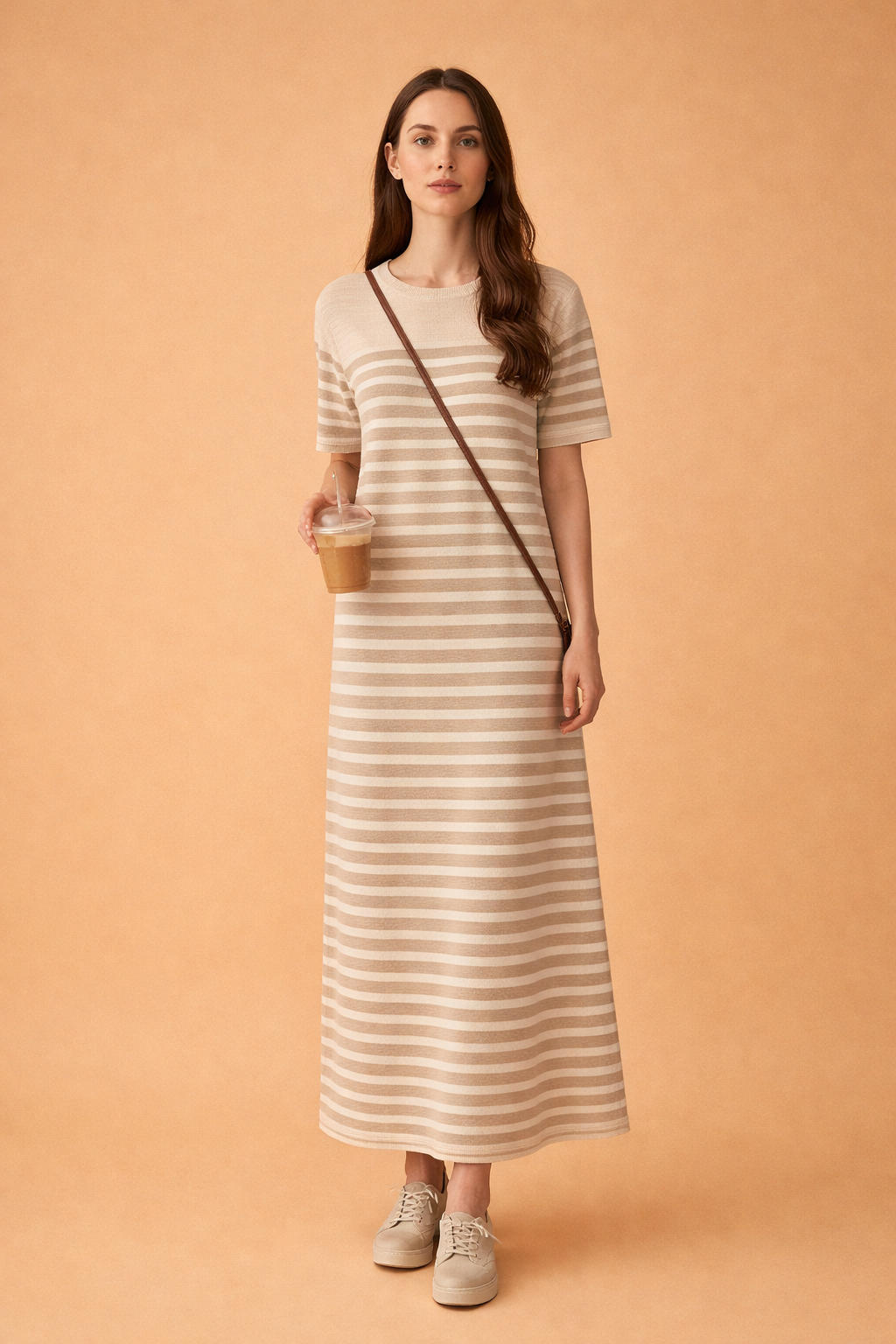 Striped Maxi T-Shirt Dress with Short Sleeves