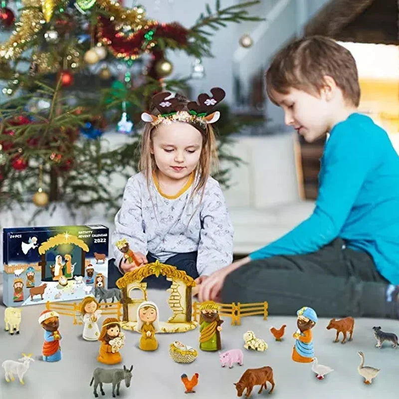 Kalendarz adwentowy ze stajenką i 24 figurkami