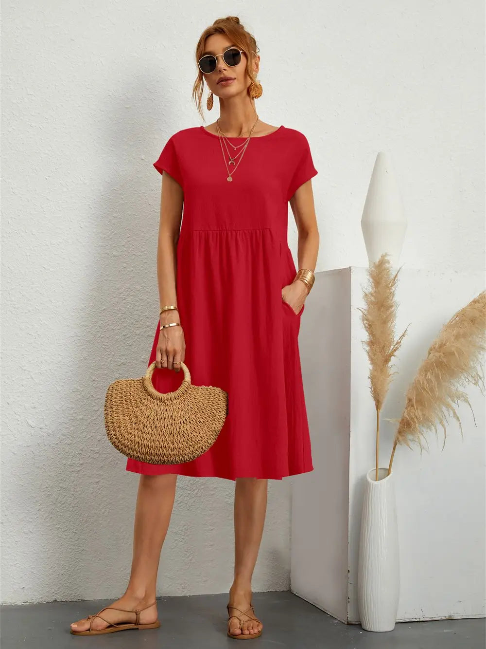Relaxed Midi Dress with Dolman Sleeves and Pockets