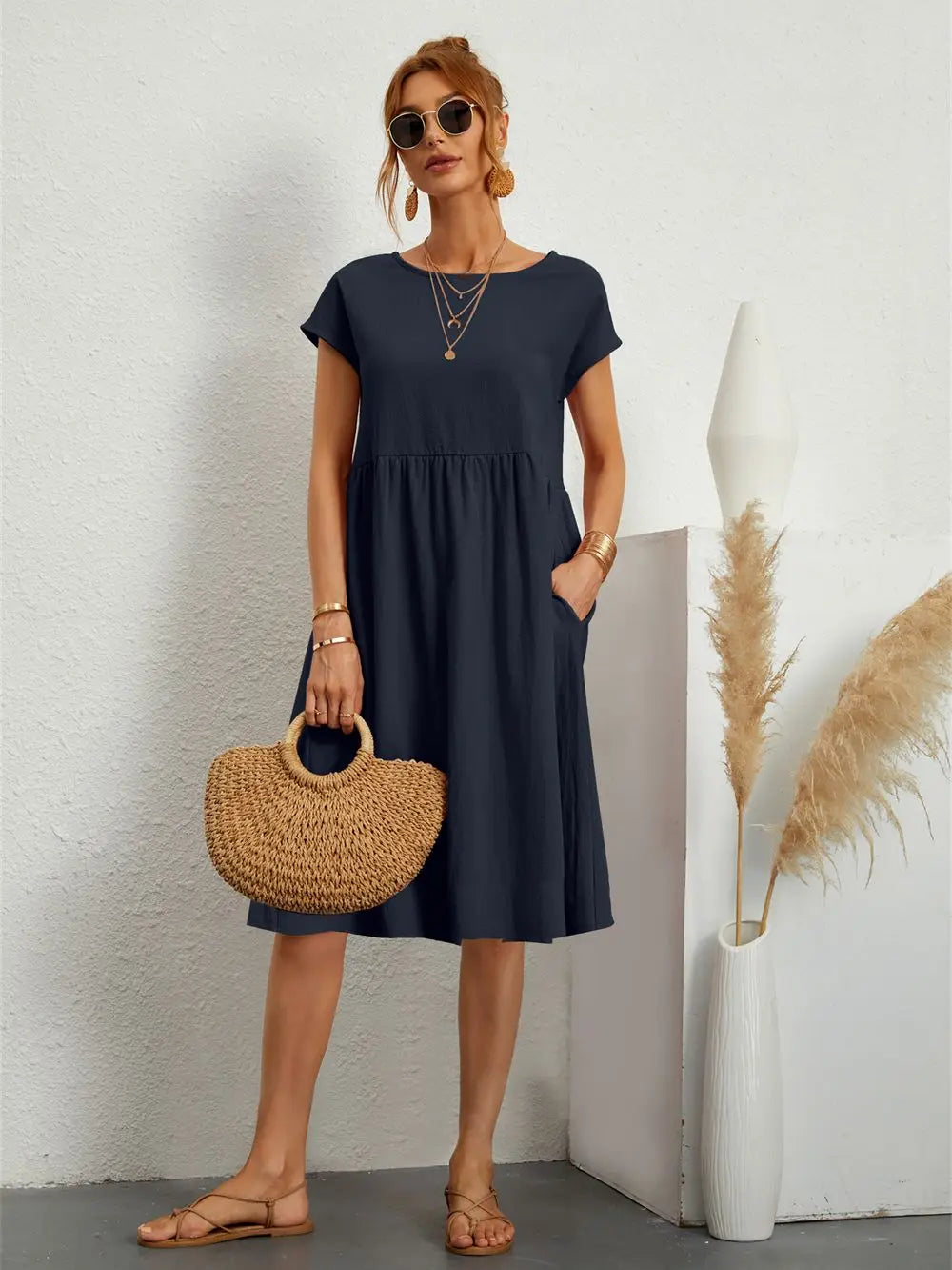 Relaxed Midi Dress with Dolman Sleeves and Pockets