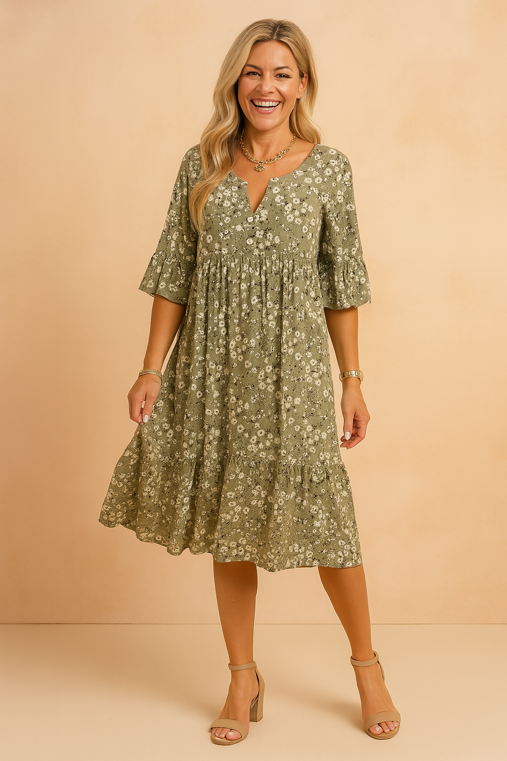 Floral Tiered Midi Dress with Flutter Sleeves