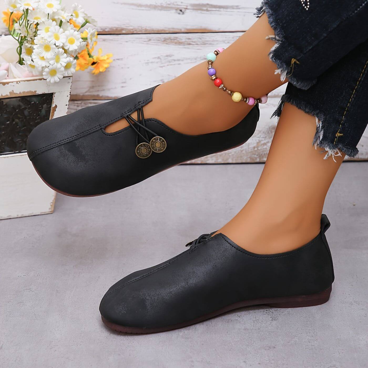 Women's Vintage Button Detail Slip-On Comfort Loafers