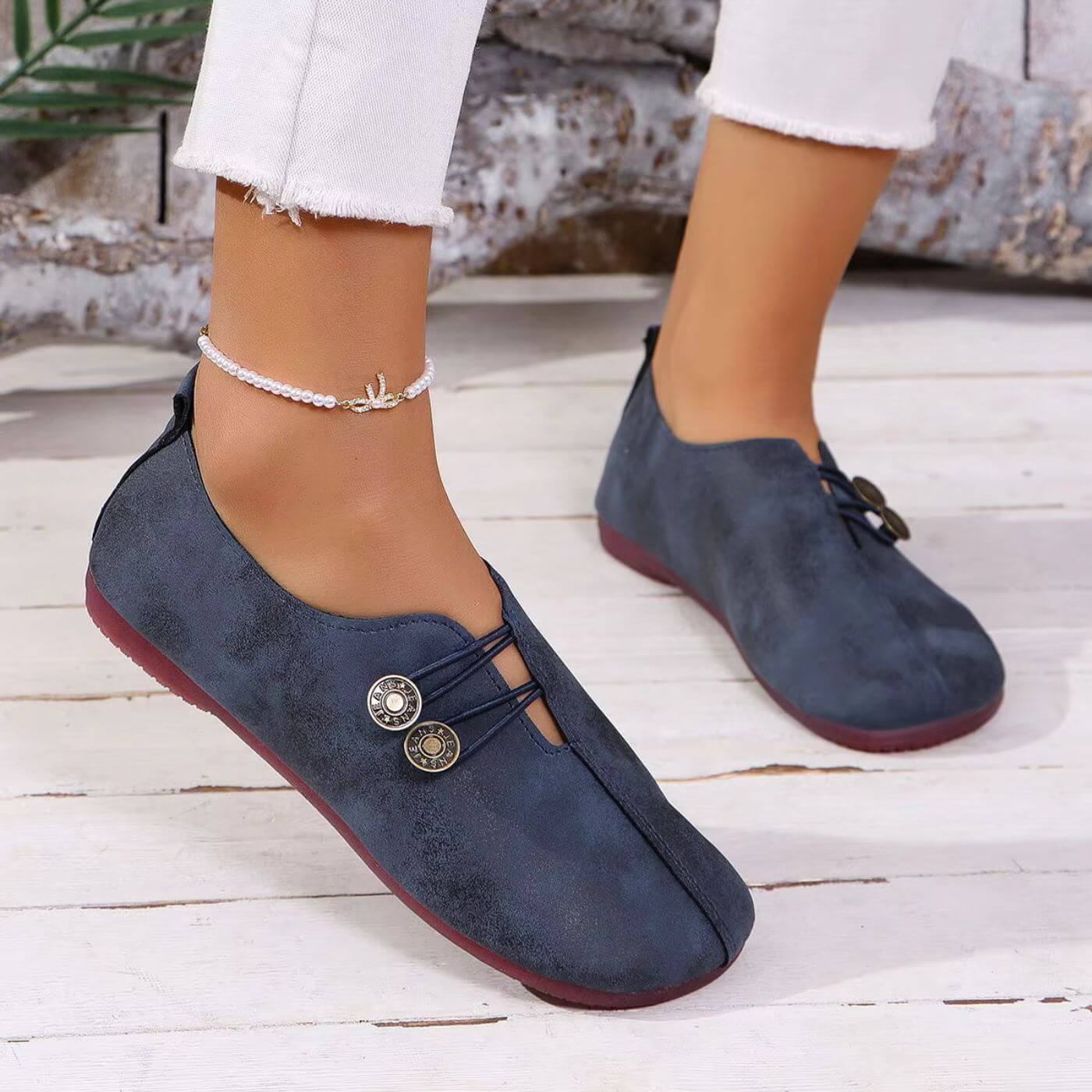 Women's Vintage Button Detail Slip-On Comfort Loafers