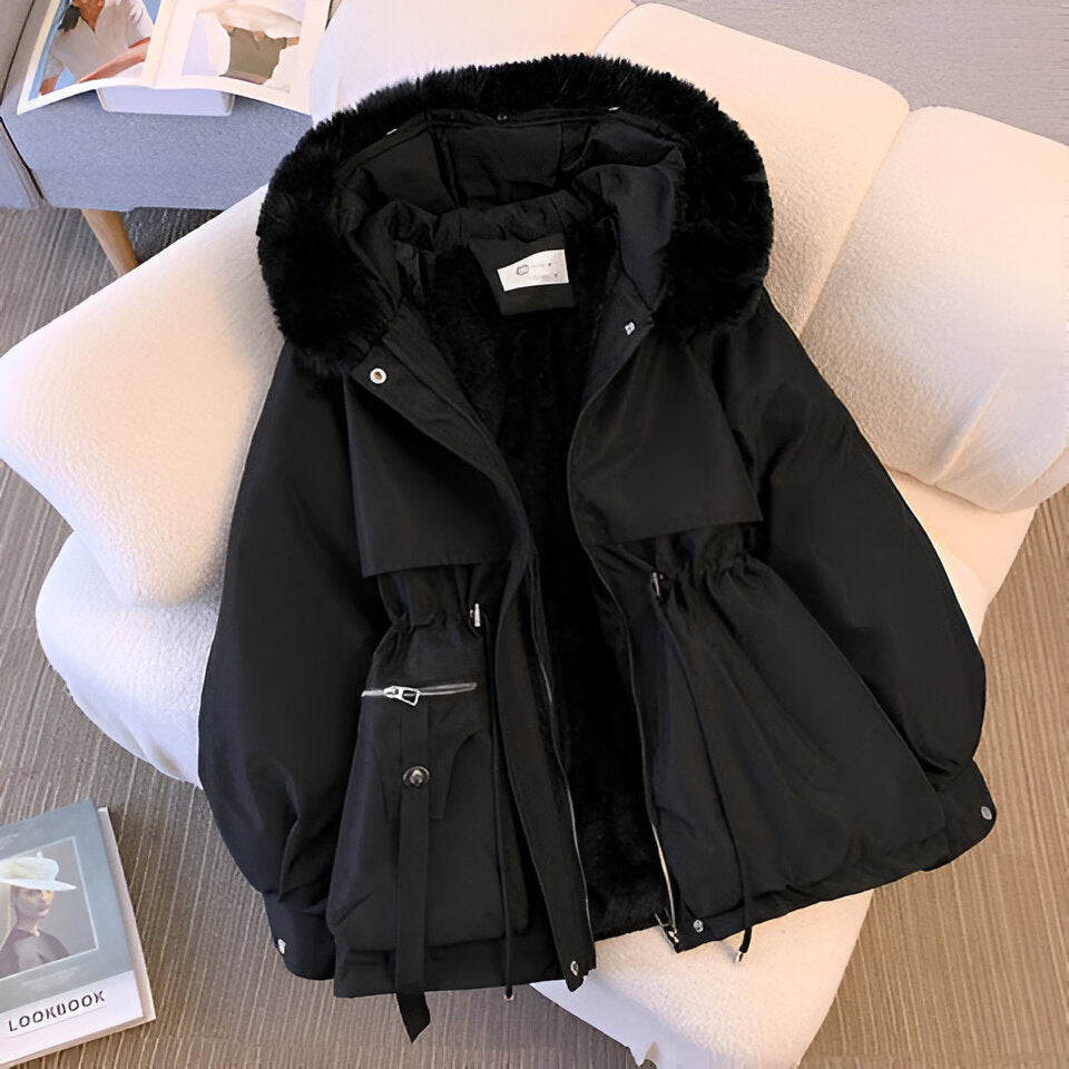 Parka d’hiver à capuche pour femme avec bordure en fausse fourrure