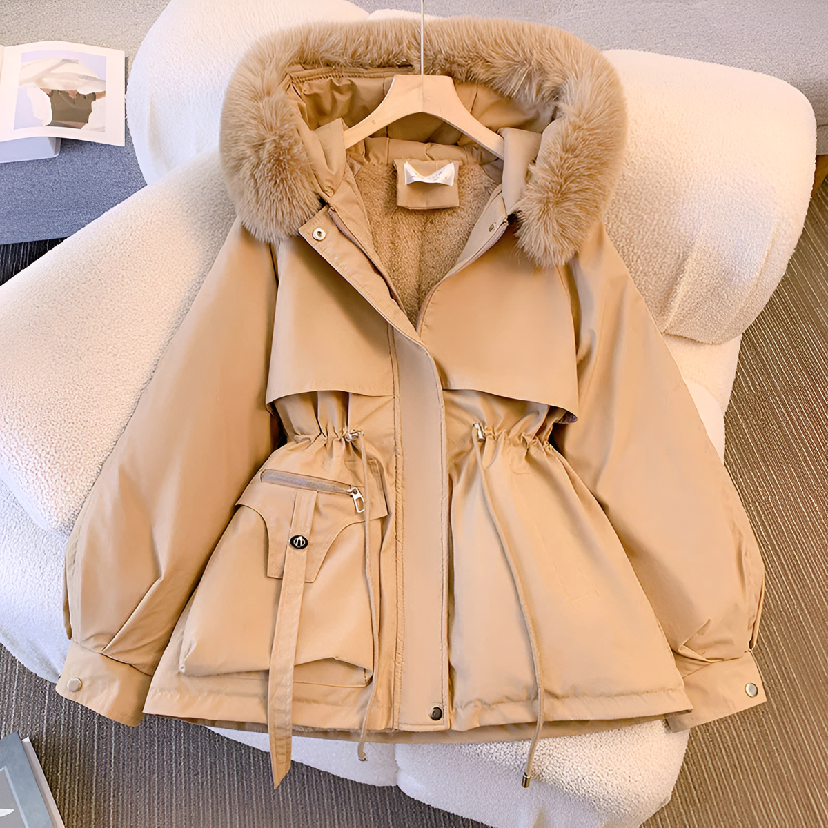 Parka d’hiver à capuche pour femme avec bordure en fausse fourrure