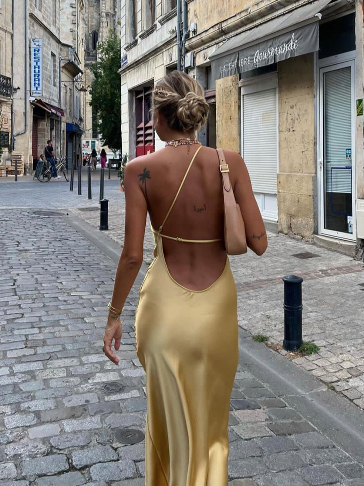 Satin Slip Maxi Dress with Cowl Back and Thin Straps