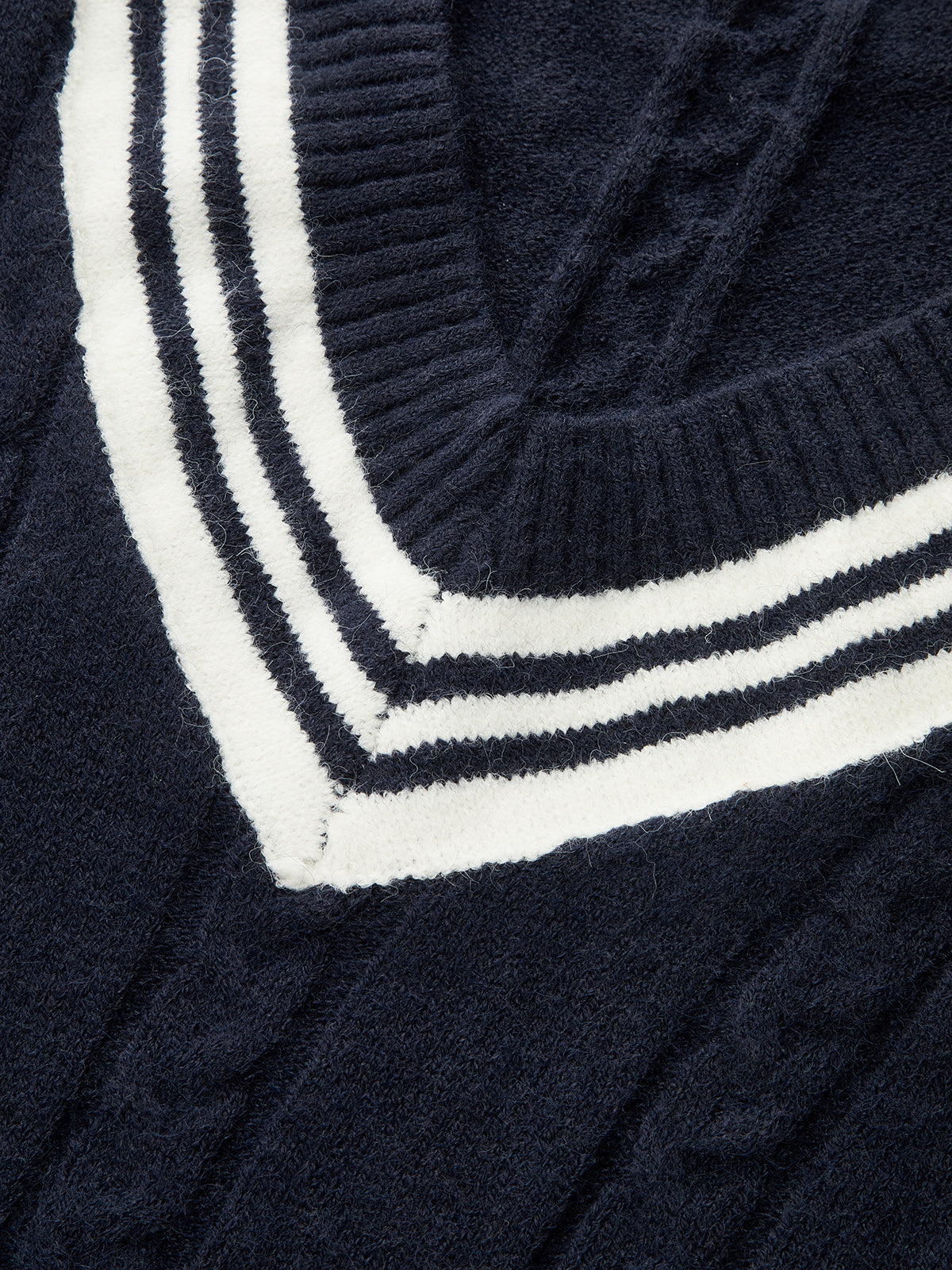 Women's Cable Knit V-Neck Sweater with Stripe Trim