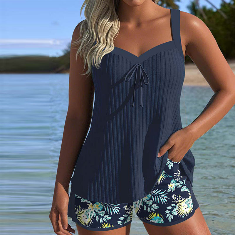 Pleated Tank Swim Set with Tie-Front Detail