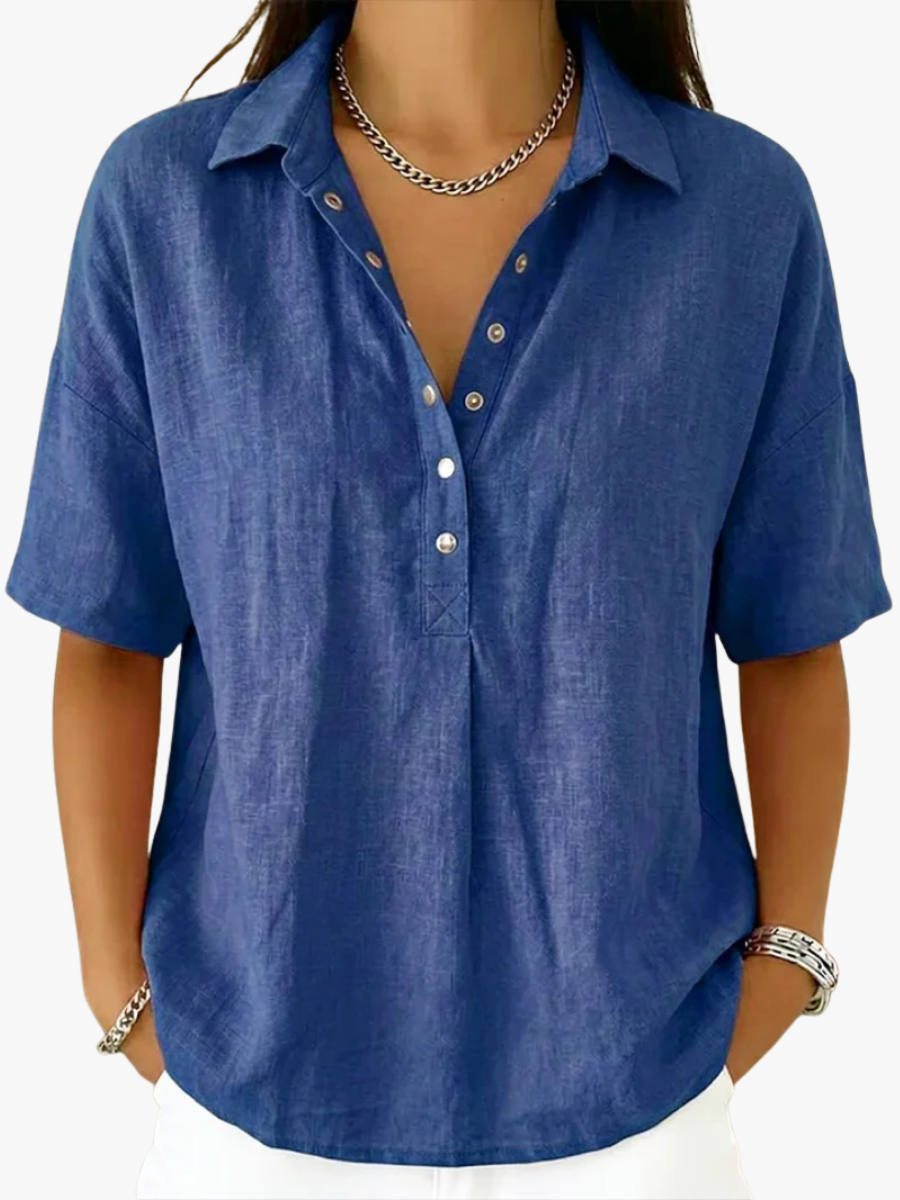 Women's Relaxed Button Neck Short Sleeve Blouse