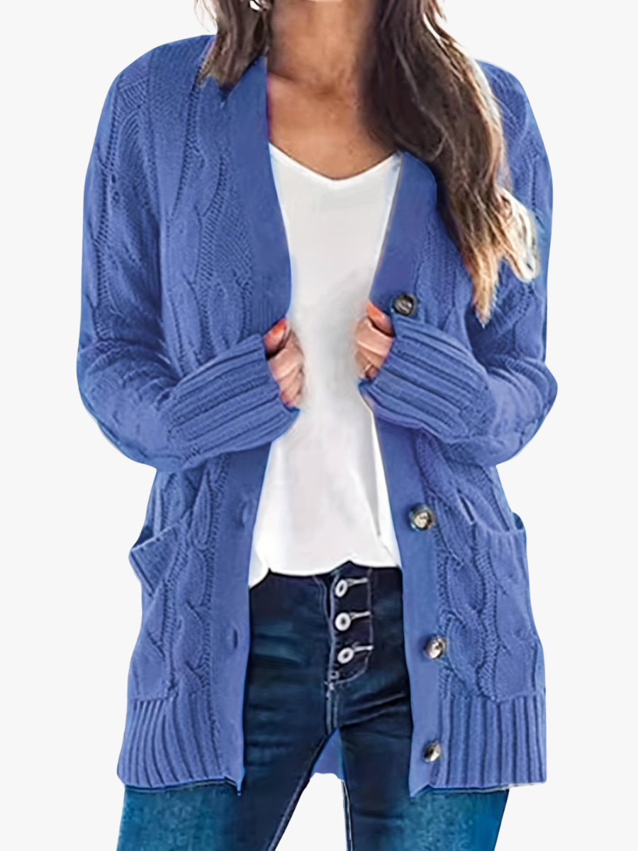 Gilet long en maille torsadée pour femme avec poches