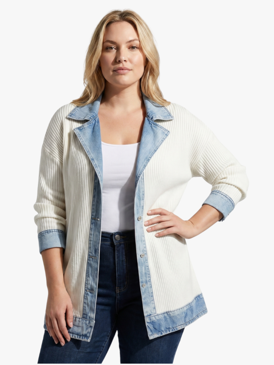 Knit Jacket with Denim Trim and Button-Front Design