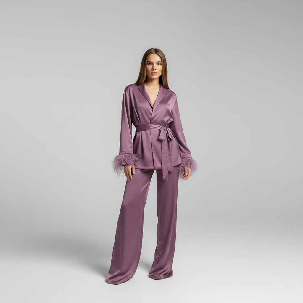 Ensemble pour femme avec haut cache-cœur, pantalon et poignets à plumes en satin