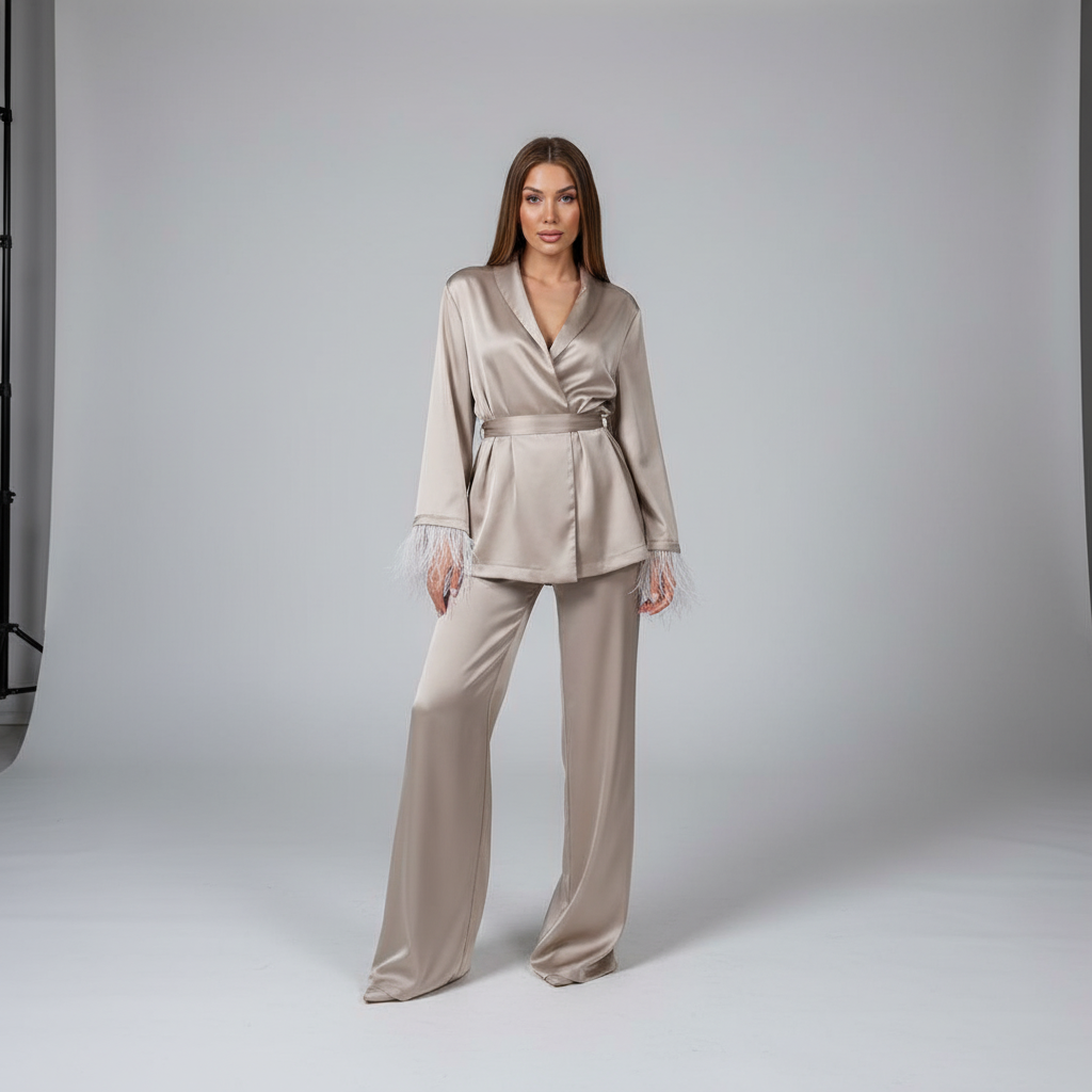 Ensemble pour femme avec haut cache-cœur, pantalon et poignets à plumes en satin