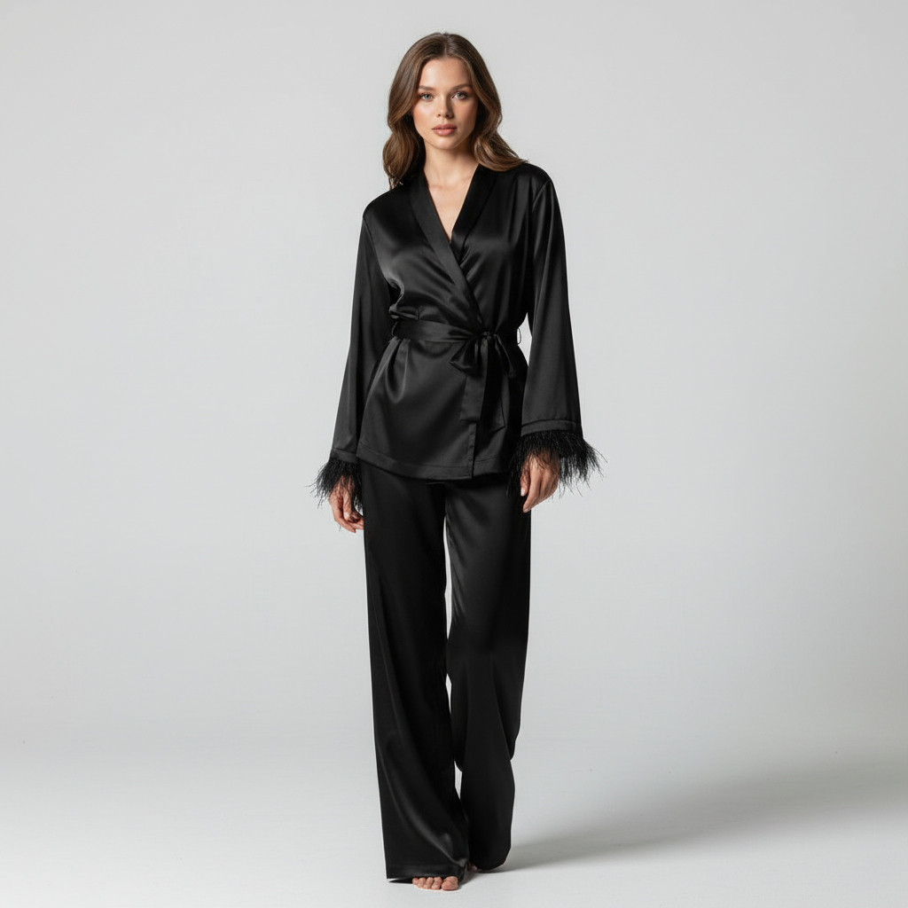 Ensemble pour femme avec haut cache-cœur, pantalon et poignets à plumes en satin