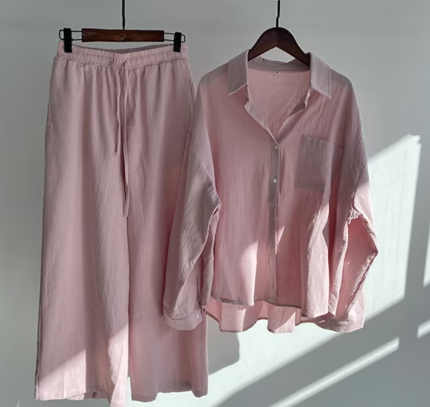 Linen Shirt and Wide-Leg Trouser Set with Tie Waist