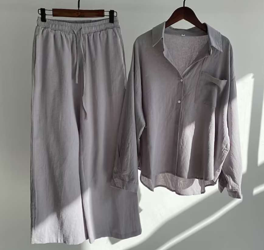 Linen Shirt and Wide-Leg Trouser Set with Tie Waist