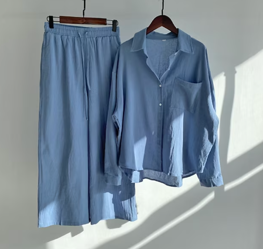 Linen Shirt and Wide-Leg Trouser Set with Tie Waist