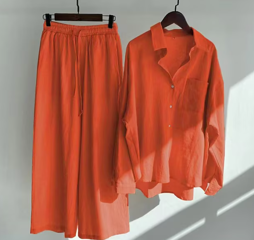 Linen Shirt and Wide-Leg Trouser Set with Tie Waist