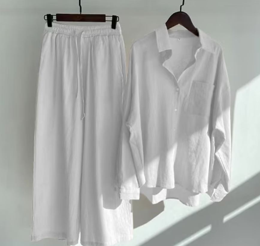 Linen Shirt and Wide-Leg Trouser Set with Tie Waist