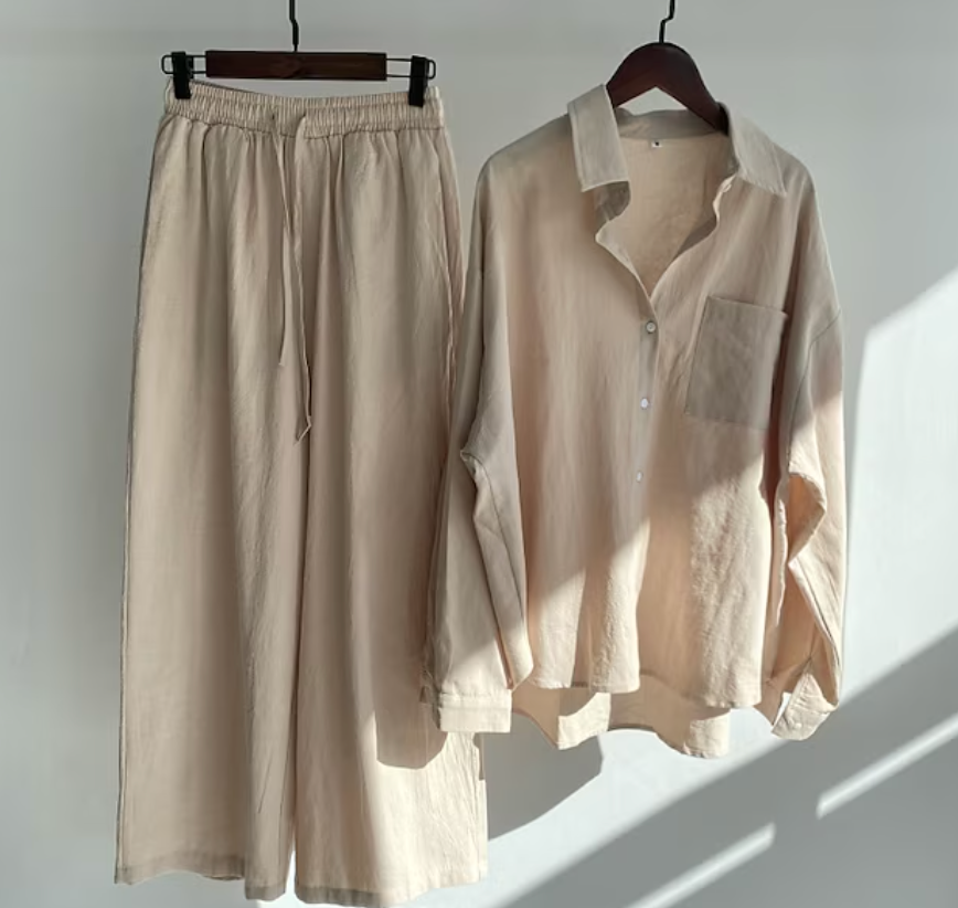 Linen Shirt and Wide-Leg Trouser Set with Tie Waist
