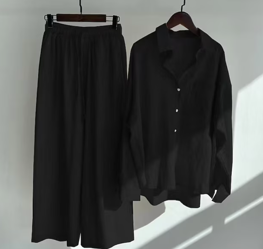 Linen Shirt and Wide-Leg Trouser Set with Tie Waist