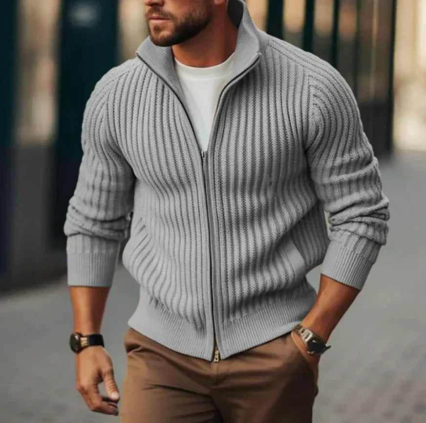 Men's Ribbed Zip-Up Knitted Cardigan