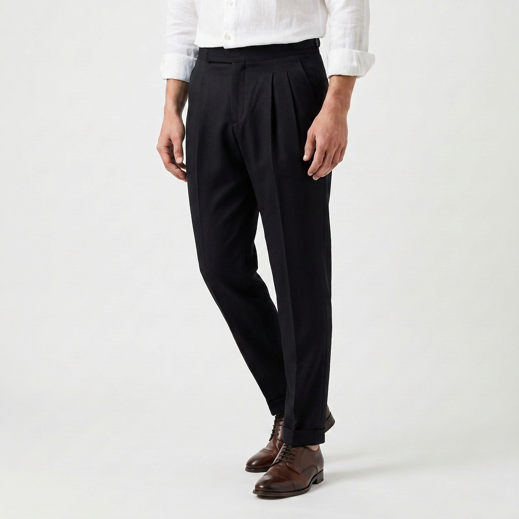 Pantalon fuselé plissé pour homme avec bas retourné
