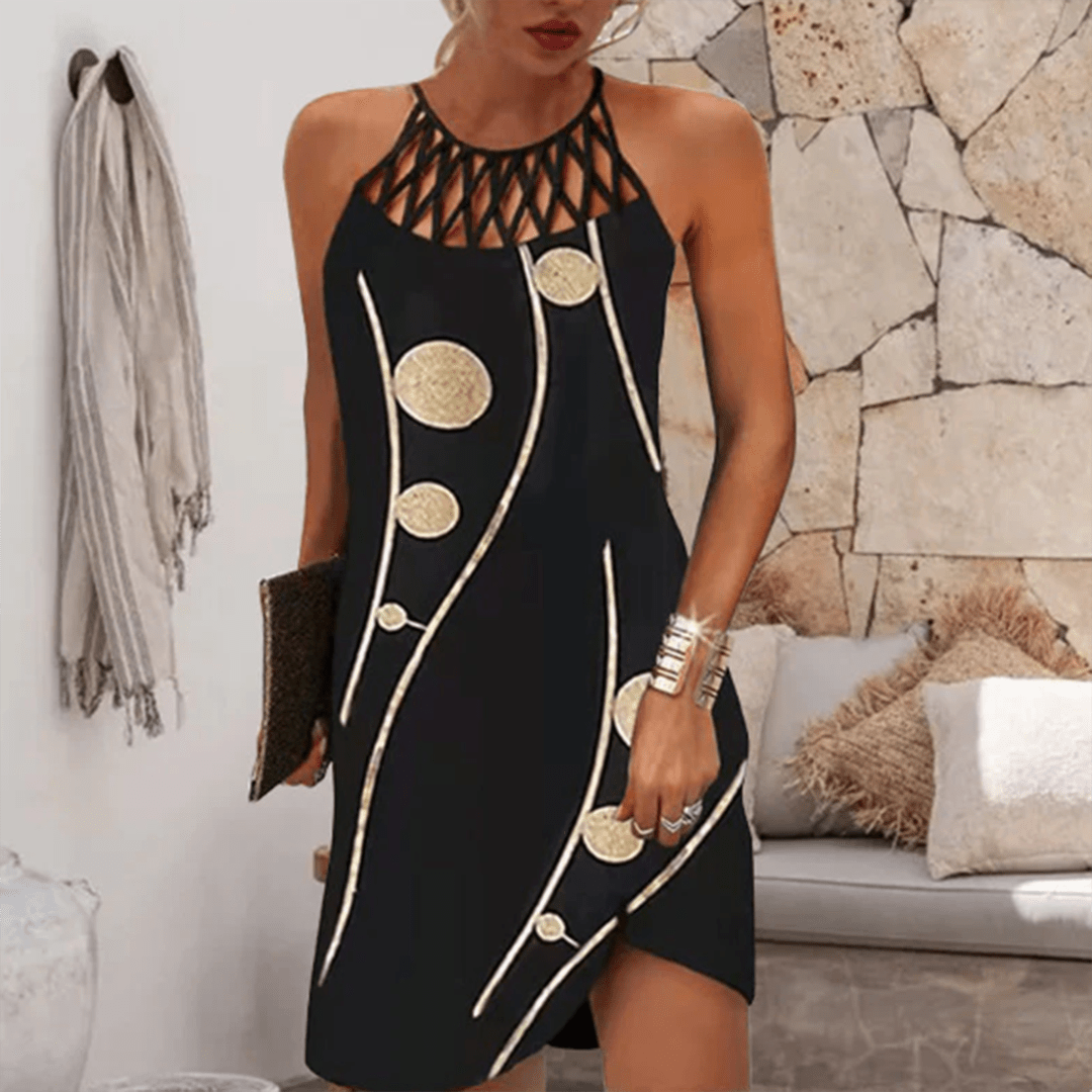Women's Halter Neck Print Dress with Lattice Trim