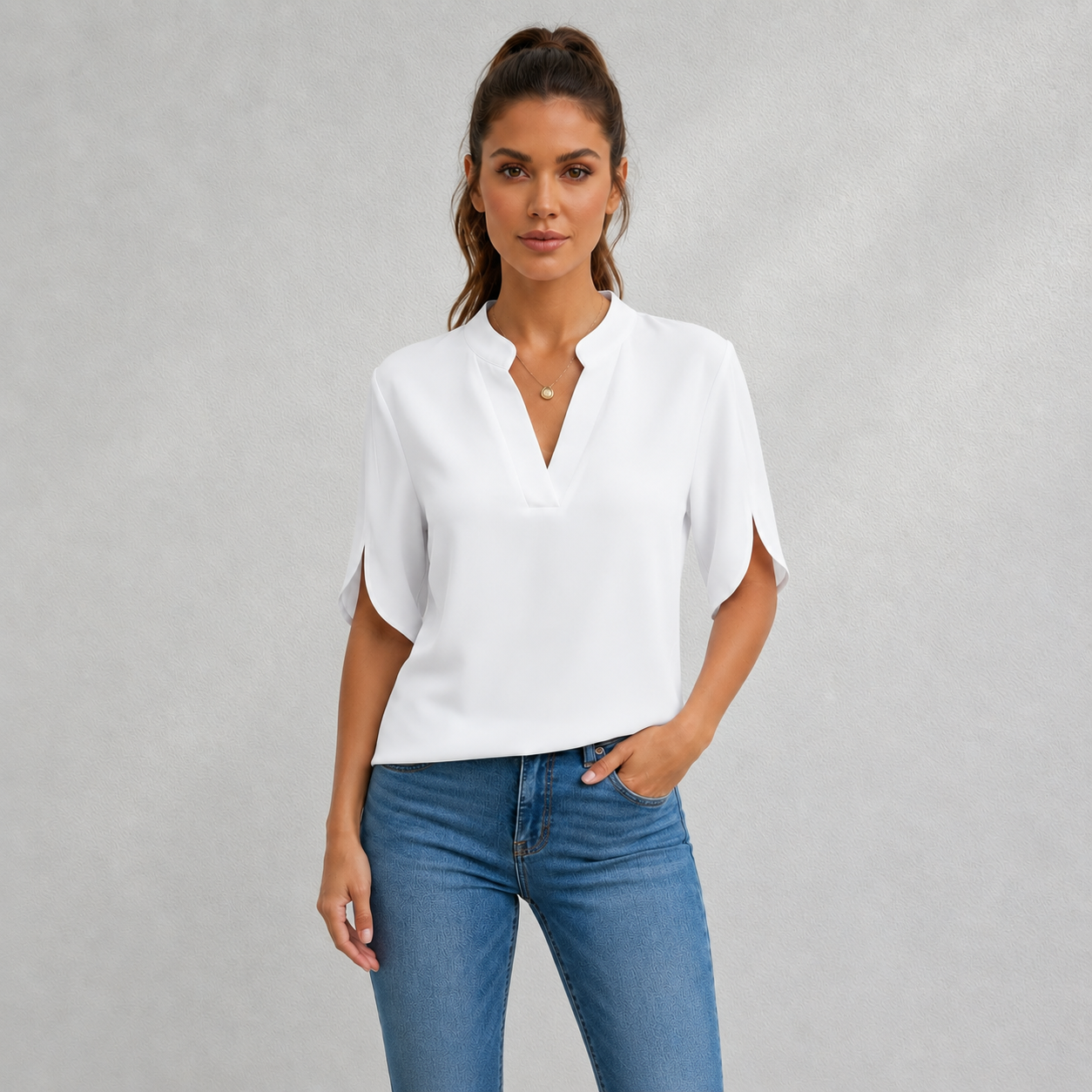 Chiffon Blouse with V-Neck and Split Sleeve Detail