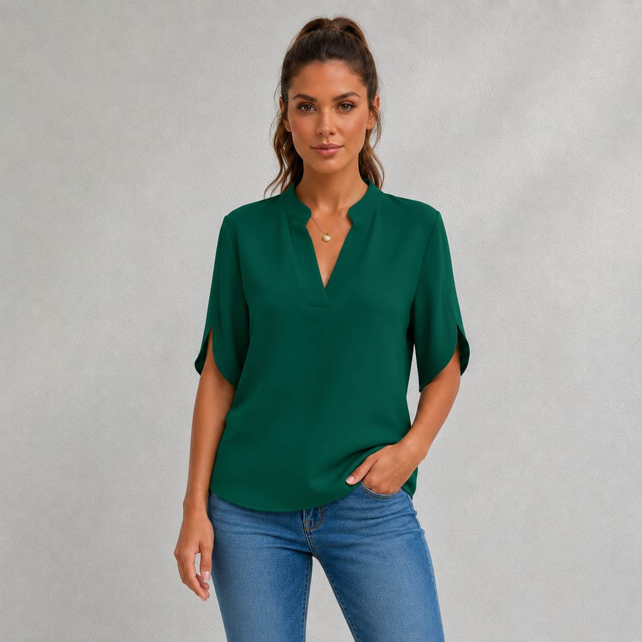 Chiffon Blouse with V-Neck and Split Sleeve Detail