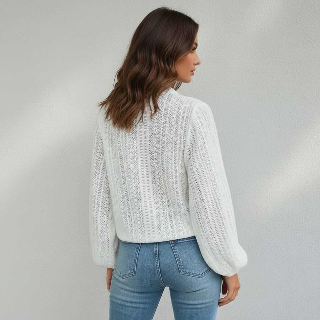 Knit Lace Blouse with Button Front and Balloon Sleeves