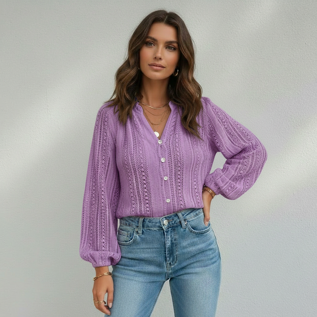 Knit Lace Blouse with Button Front and Balloon Sleeves