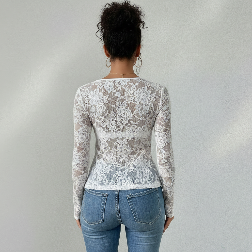 Lace Blouse with V-Neck and Long Sleeves