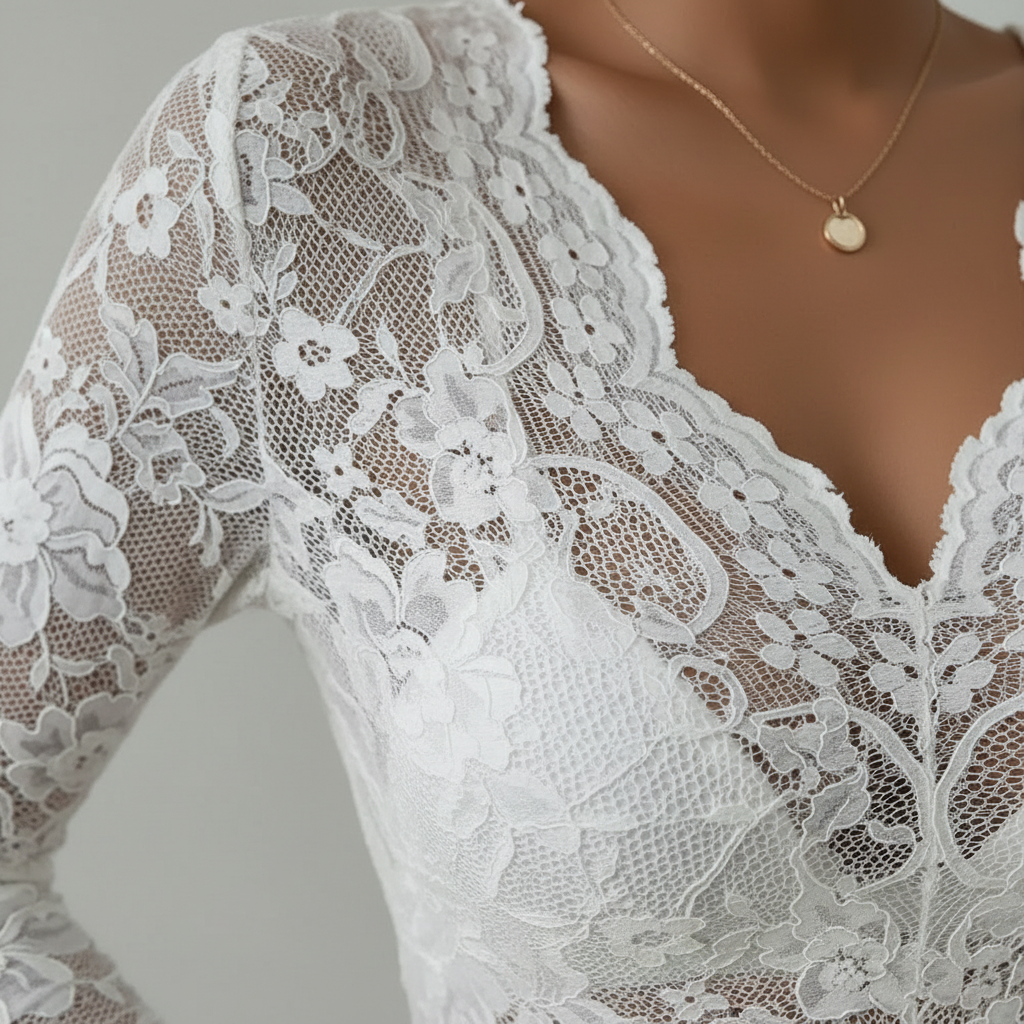 Lace Blouse with V-Neck and Long Sleeves