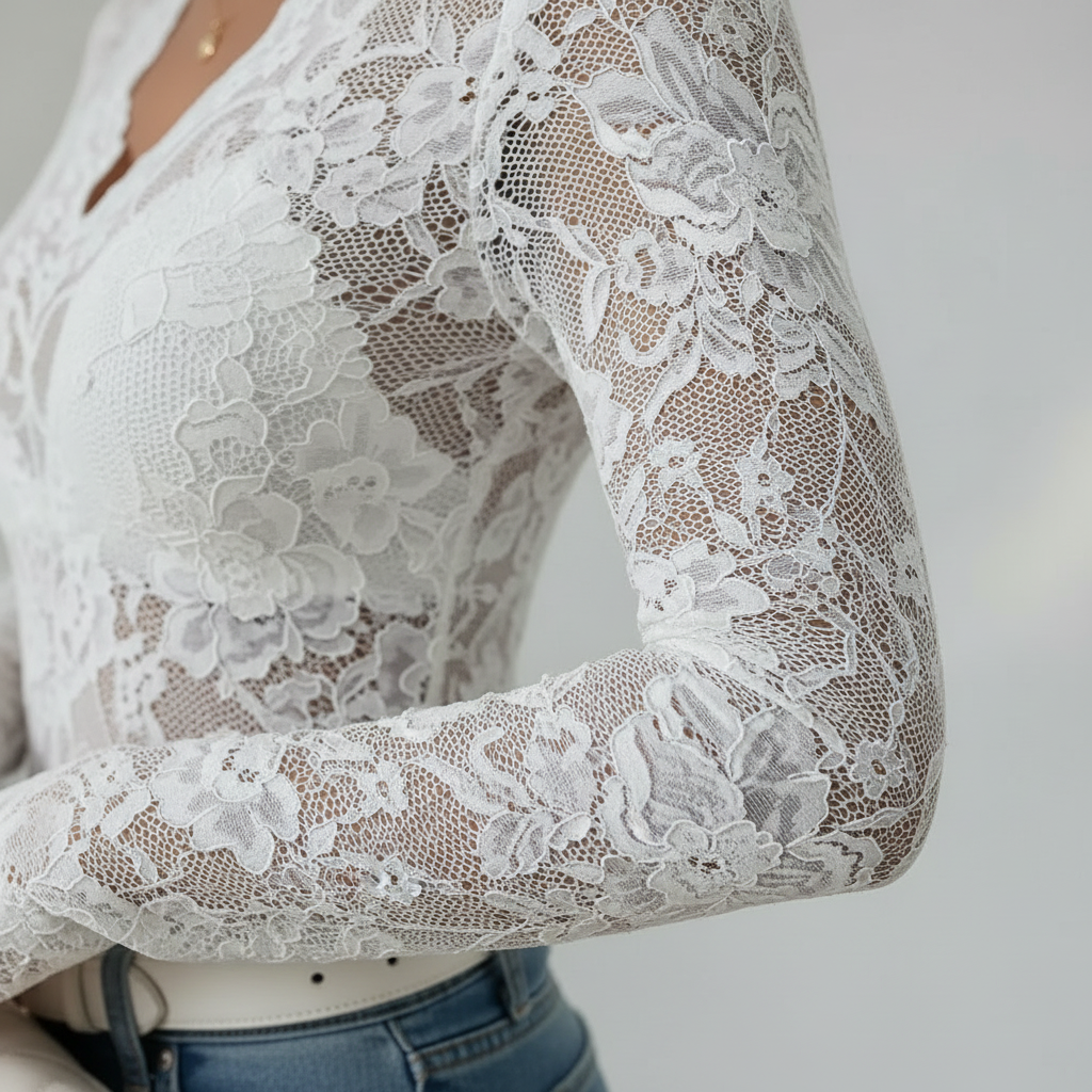 Lace Blouse with V-Neck and Long Sleeves