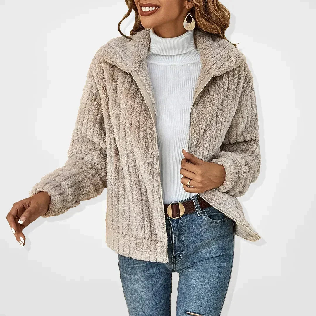 Women's Borg Fleece Zip Jacket | Wide Lapel Collar