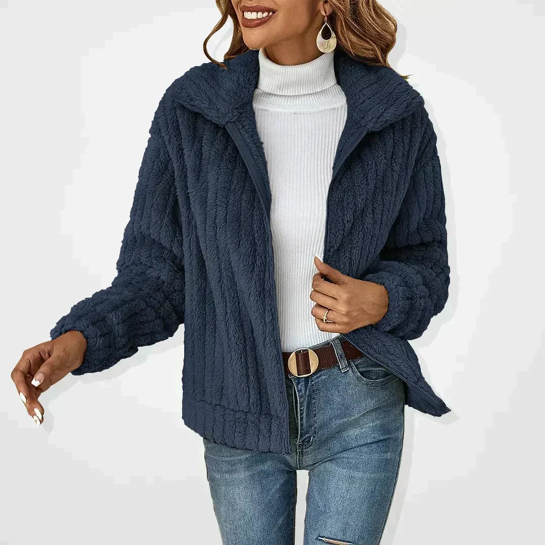 Women's Borg Fleece Zip Jacket | Wide Lapel Collar
