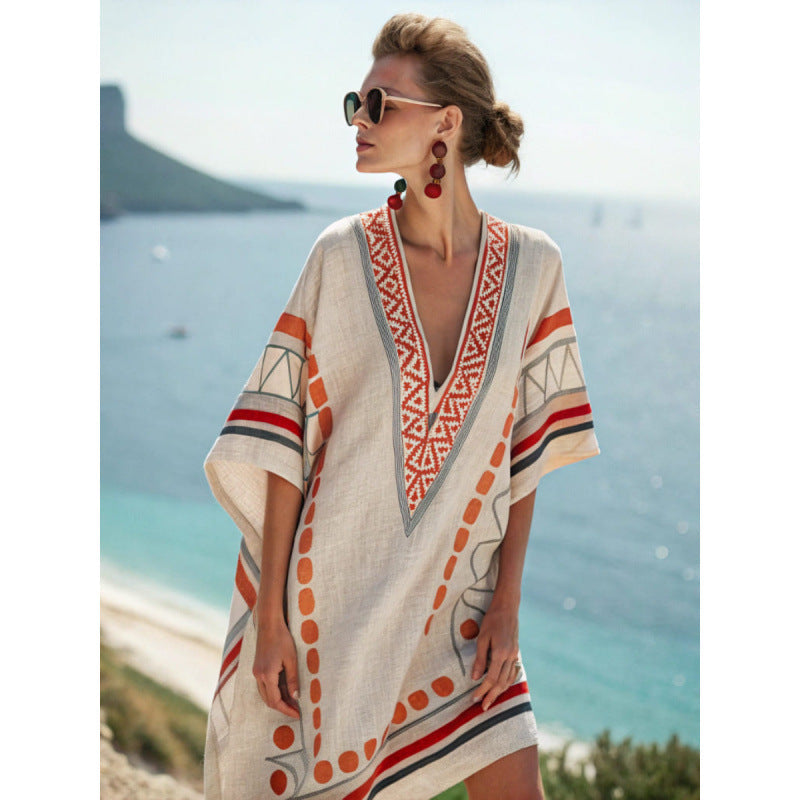 Embroidered Kaftan Dress with V-Neck and Wide Sleeves