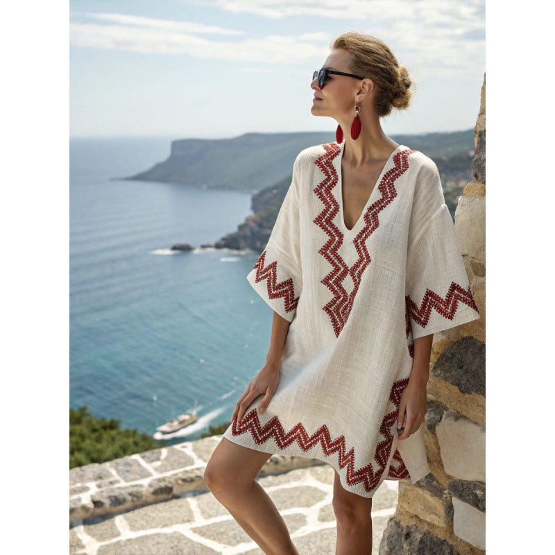 Embroidered Kaftan Dress with V-Neck and Wide Sleeves