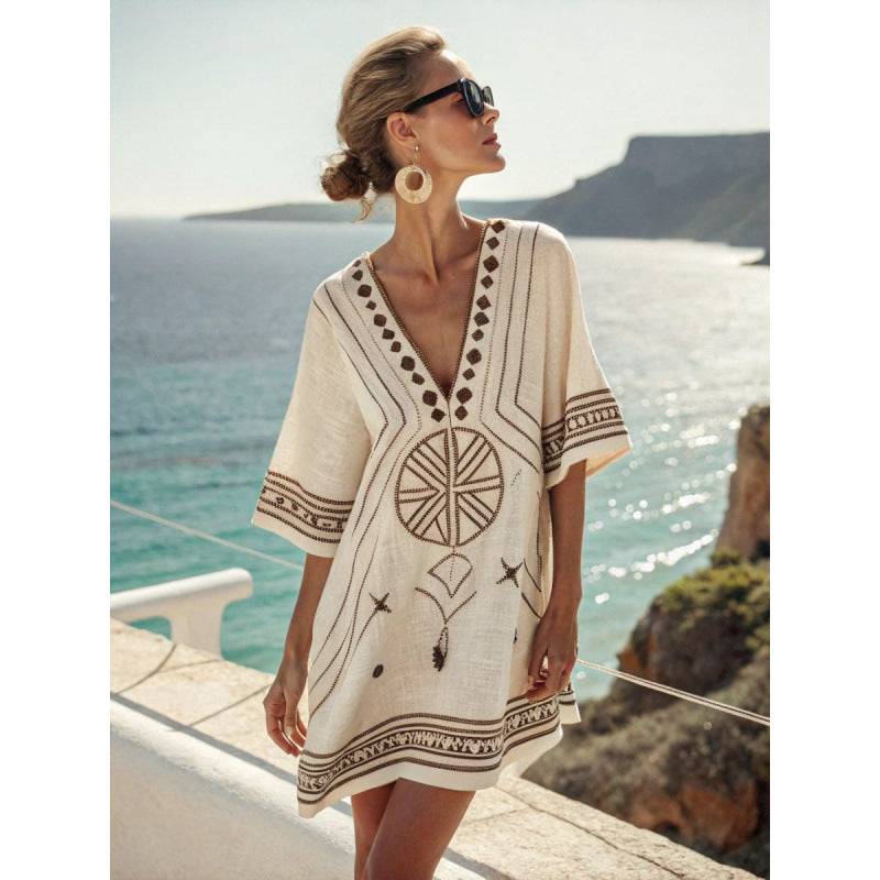 Embroidered Kaftan Dress with V-Neck and Wide Sleeves