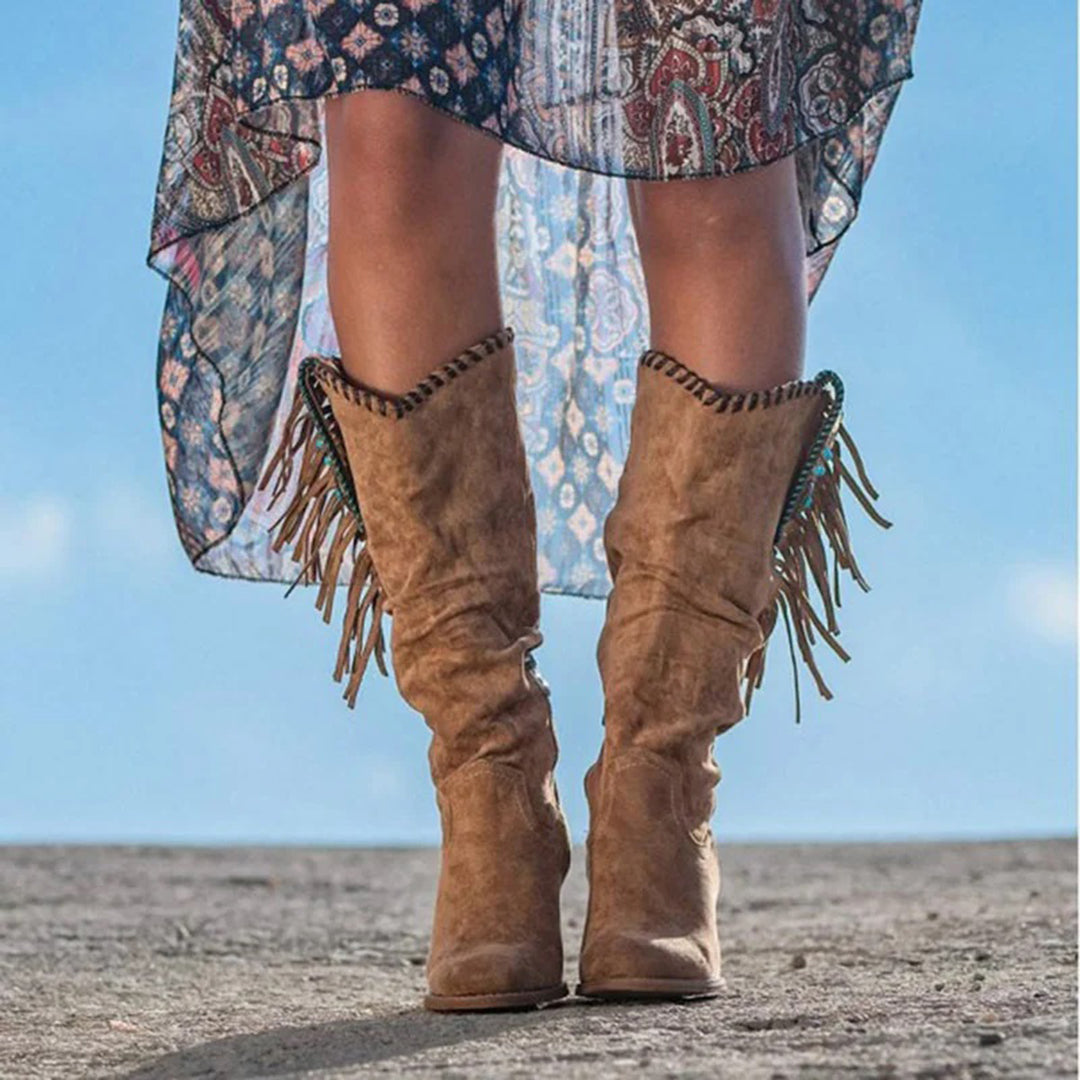 Bottes western bohème à franges pour femmes, mi-mollet