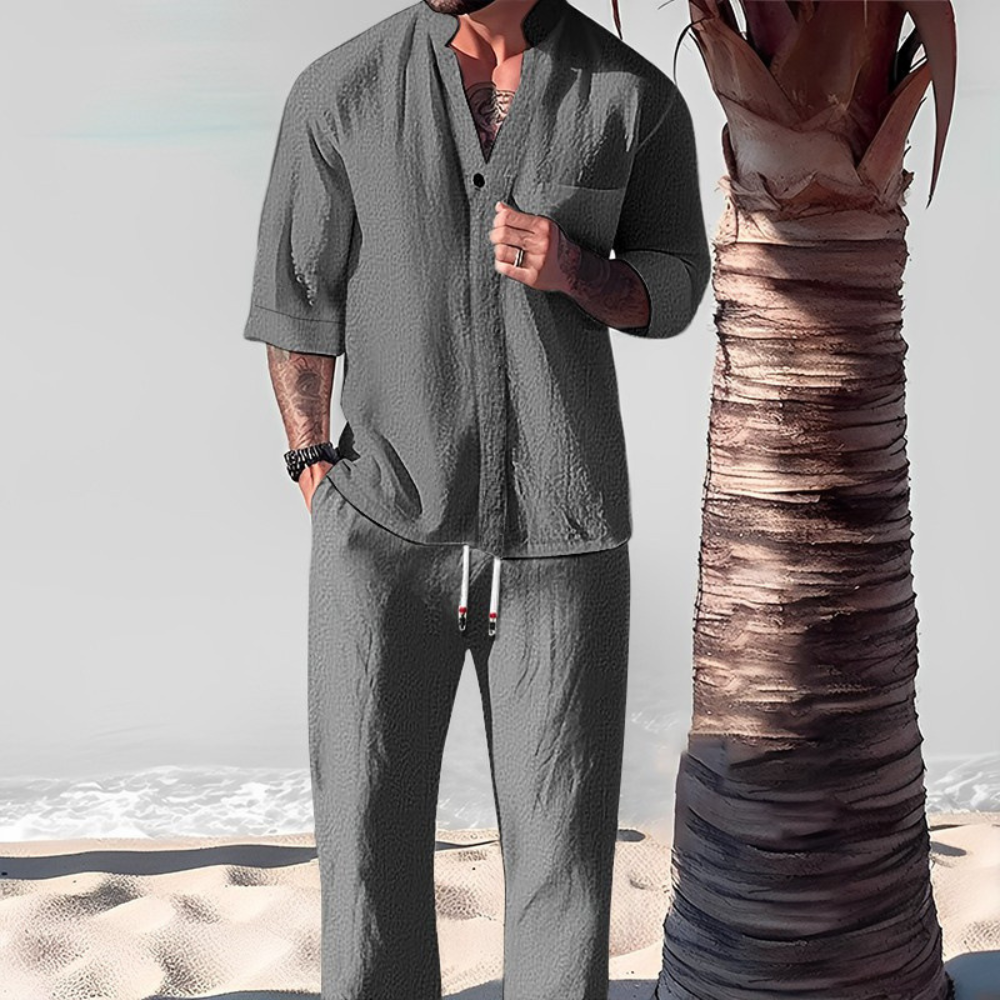 Linen-Blend Shirt and Trouser Set with V-Neck