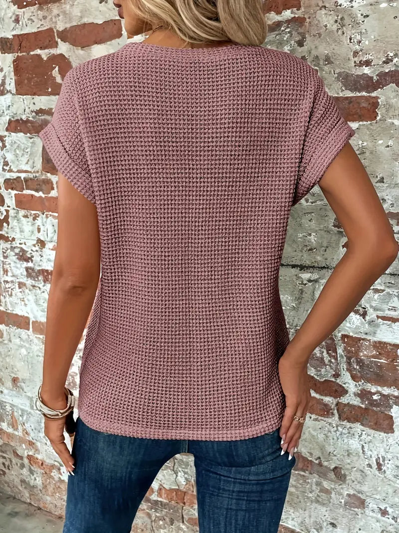 Waffle Knit Twist-Front Top with Cap Sleeves