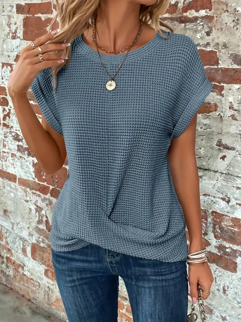 Waffle Knit Twist-Front Top with Cap Sleeves