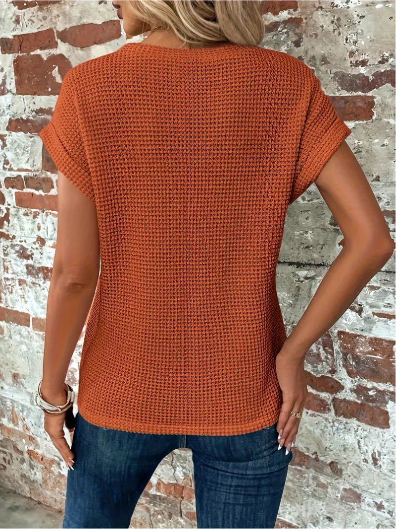 Waffle Knit Twist-Front Top with Cap Sleeves
