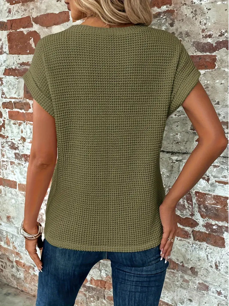 Waffle Knit Twist-Front Top with Cap Sleeves