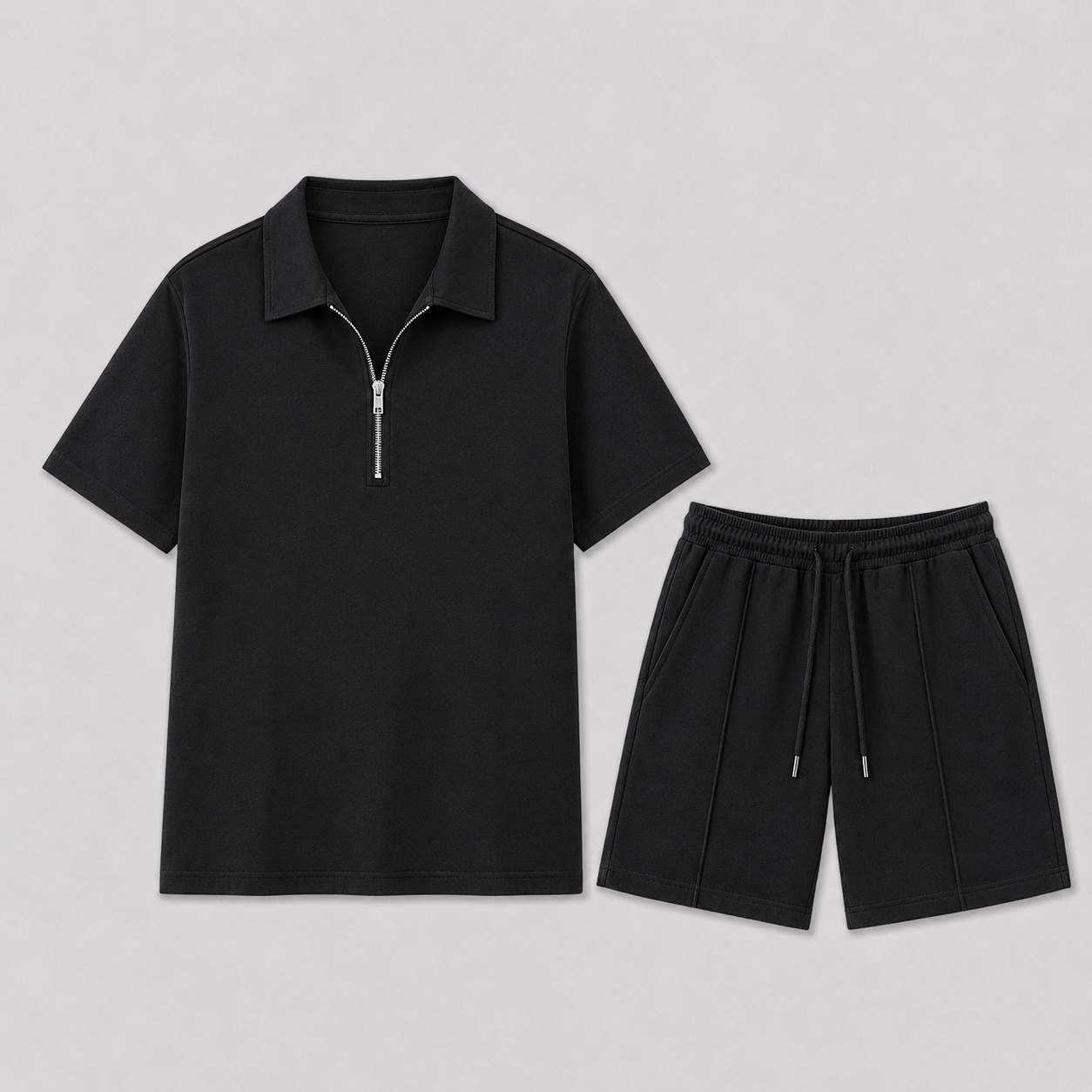 Men's Zip Neck Polo Shirt & Drawstring Shorts Co-Ord Set