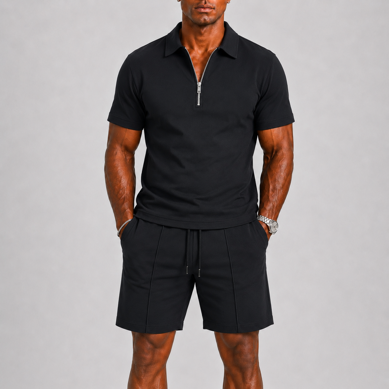 Men's Zip Neck Polo Shirt & Drawstring Shorts Co-Ord Set