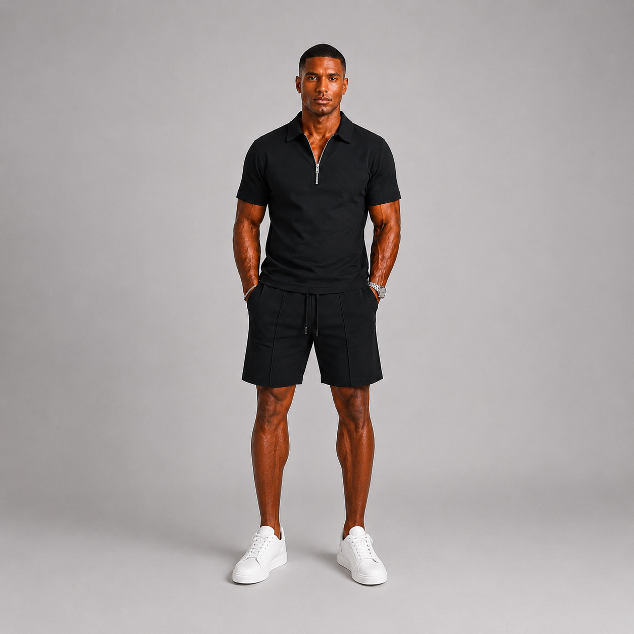Men's Zip Neck Polo Shirt & Drawstring Shorts Co-Ord Set