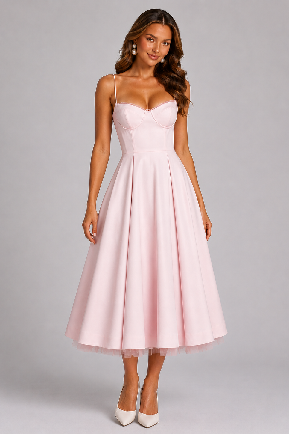 Satin Midi Dress with Sweetheart Neckline and Full Skirt